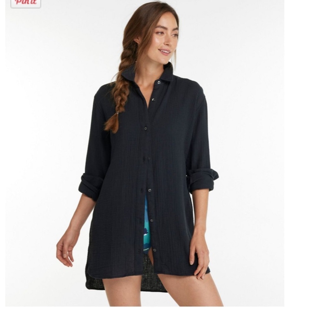 Soma‎ Button Up Coverup Tunic Roll Tab Long Sleeve Black Gauze Gauzy Size XL